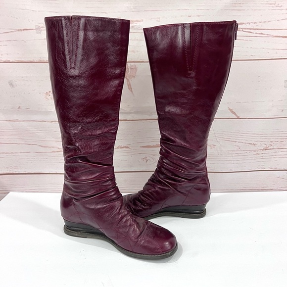 Miz Mooz Burgundy Red Leather Slouchy Bonnie Tall Wedge Boots - Picture 2 of 12